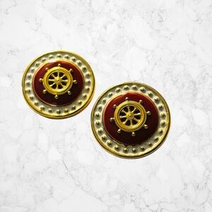 Gold Tone and Red Nautical Wheel Post Back Earrings